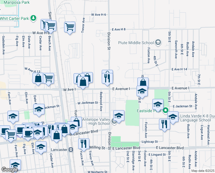 map of restaurants, bars, coffee shops, grocery stores, and more near 97 West Avenue I in Lancaster