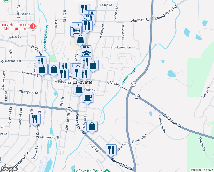 map of restaurants, bars, coffee shops, grocery stores, and more near 101 Shaw Street South in LaFayette