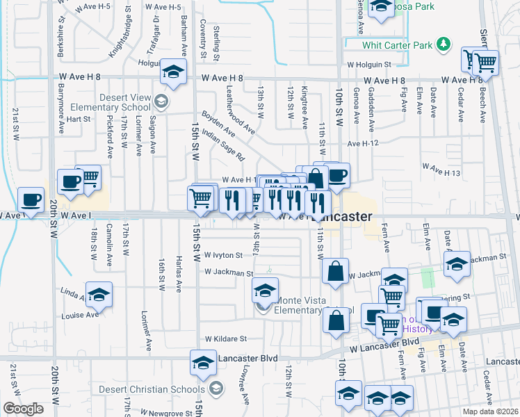 map of restaurants, bars, coffee shops, grocery stores, and more near 1255 West Avenue I in Lancaster