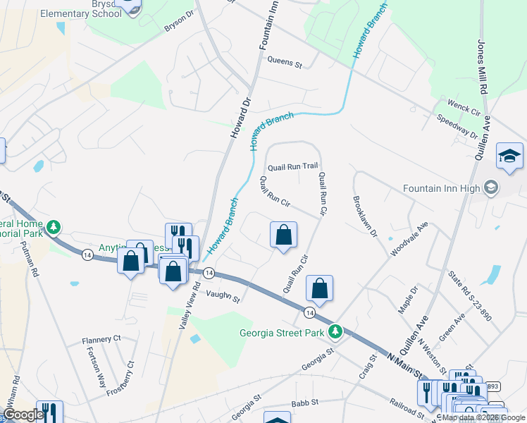 map of restaurants, bars, coffee shops, grocery stores, and more near 507 Township Court in Fountain Inn