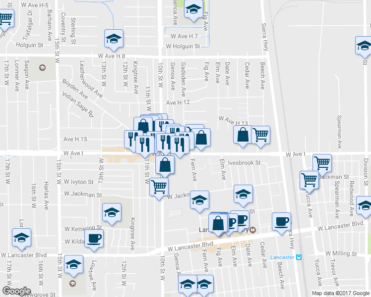map of restaurants, bars, coffee shops, grocery stores, and more near 811 West Avenue I in Lancaster