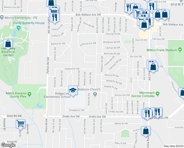 map of restaurants, bars, coffee shops, grocery stores, and more near 3205 Joslin Street Southwest in Huntsville