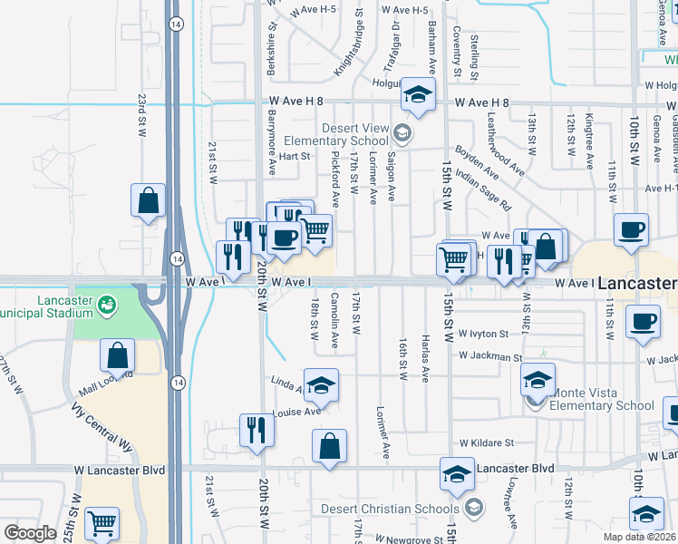 map of restaurants, bars, coffee shops, grocery stores, and more near 1830 West Avenue I in Lancaster
