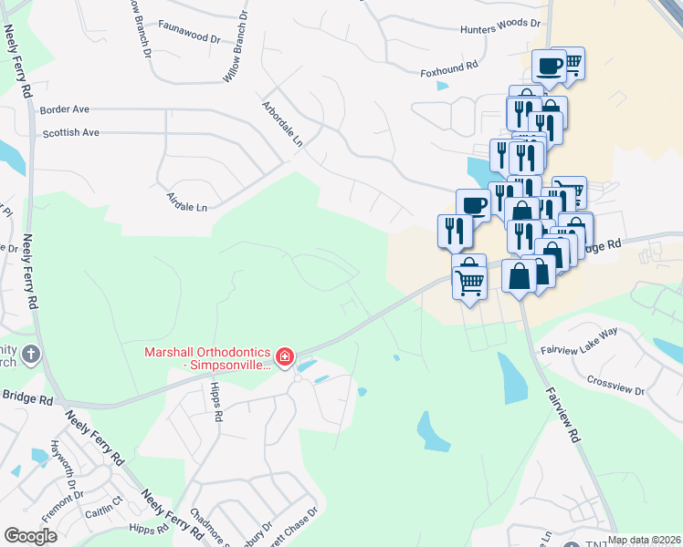 map of restaurants, bars, coffee shops, grocery stores, and more near 530 Harrison Bridge Road in Simpsonville