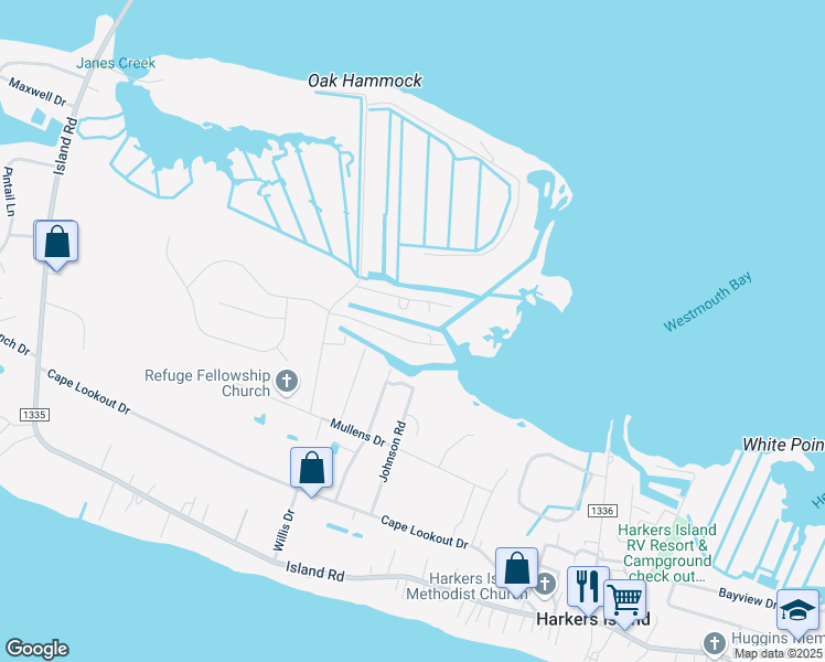 map of restaurants, bars, coffee shops, grocery stores, and more near 177 Jennifer Drive in Harkers Island