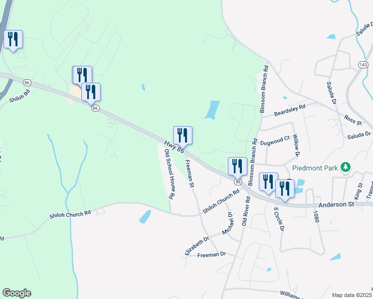 map of restaurants, bars, coffee shops, grocery stores, and more near 1403 South Carolina 86 in Piedmont