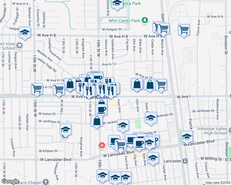 map of restaurants, bars, coffee shops, grocery stores, and more near Fern Avenue in Lancaster