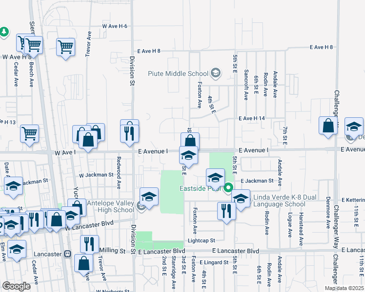 map of restaurants, bars, coffee shops, grocery stores, and more near 44739 East 3rd Street in Lancaster