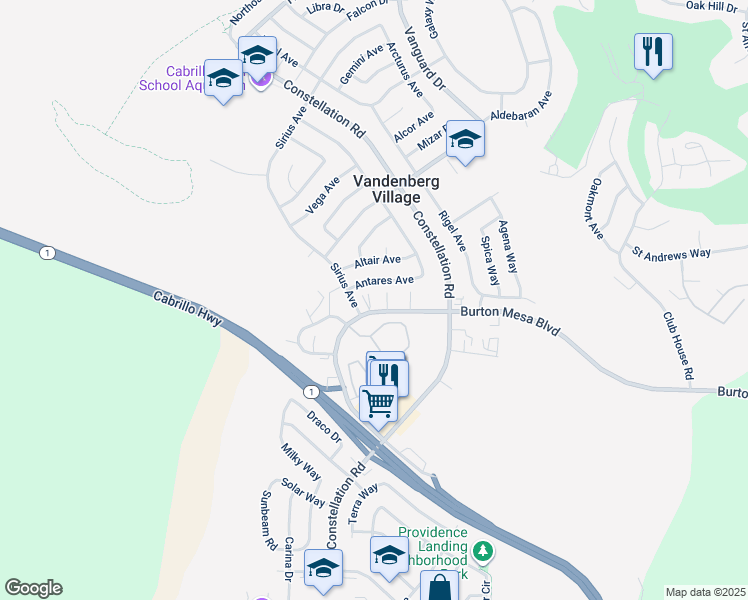 map of restaurants, bars, coffee shops, grocery stores, and more near 275c Burton Mesa Boulevard in Lompoc