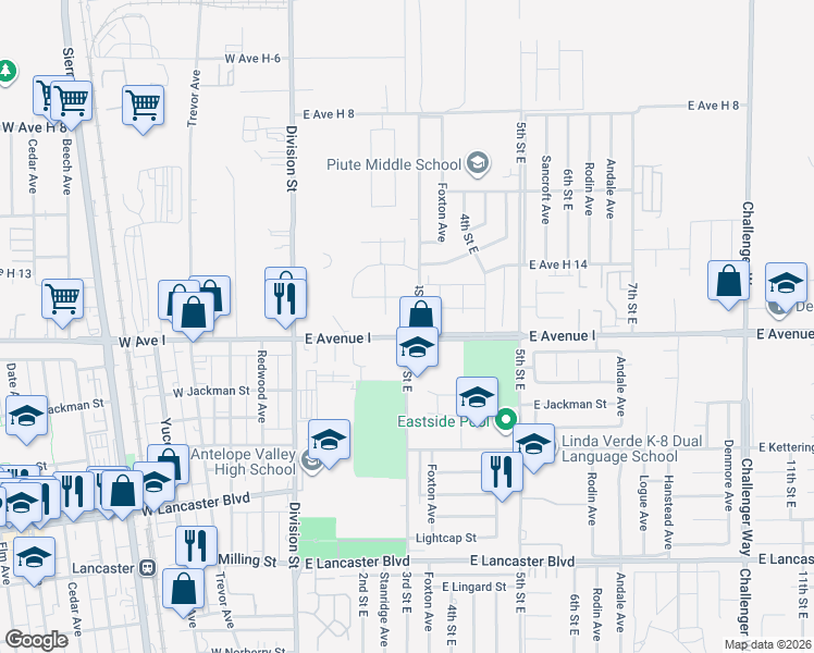 map of restaurants, bars, coffee shops, grocery stores, and more near 44008 East 3rd Street in Lancaster