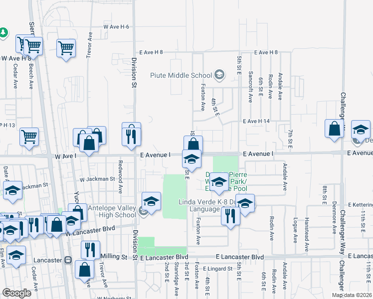 map of restaurants, bars, coffee shops, grocery stores, and more near 44960 East 3rd Street in Lancaster