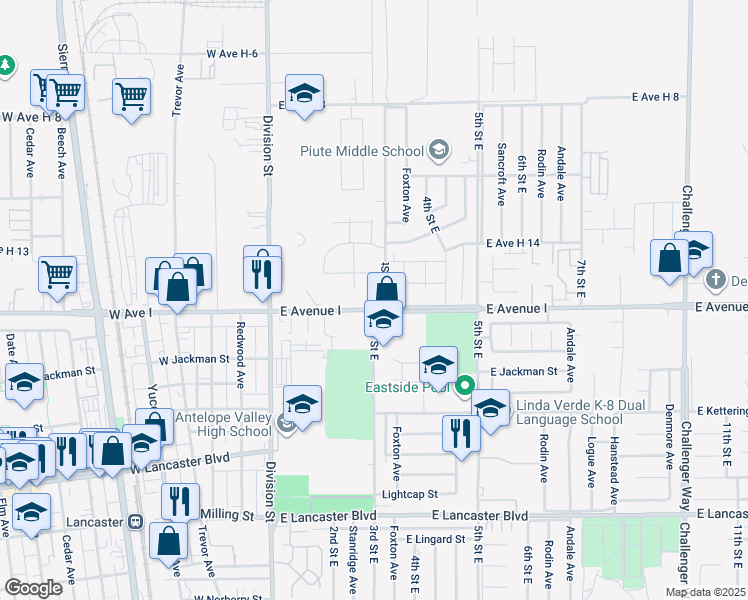 map of restaurants, bars, coffee shops, grocery stores, and more near 42622 East 3rd Street in Lancaster