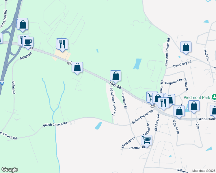 map of restaurants, bars, coffee shops, grocery stores, and more near 1403 South Carolina 86 in Piedmont