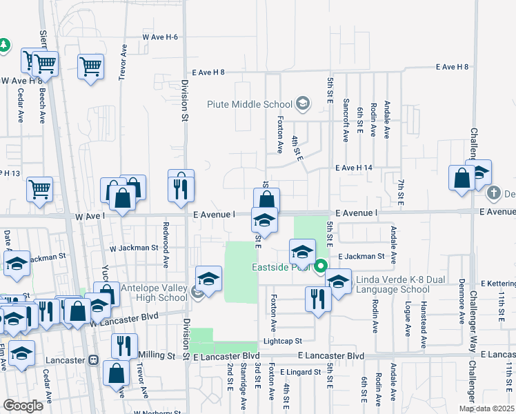 map of restaurants, bars, coffee shops, grocery stores, and more near 42622 East 3rd Street in Lancaster