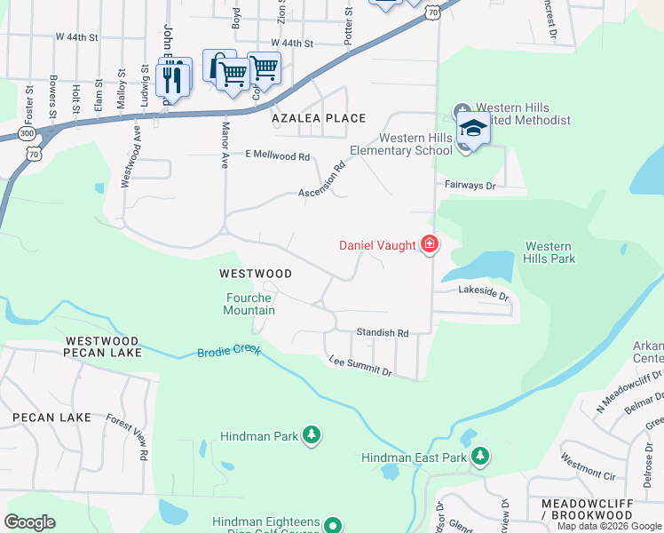 map of restaurants, bars, coffee shops, grocery stores, and more near 8101 Westwood Avenue in Little Rock