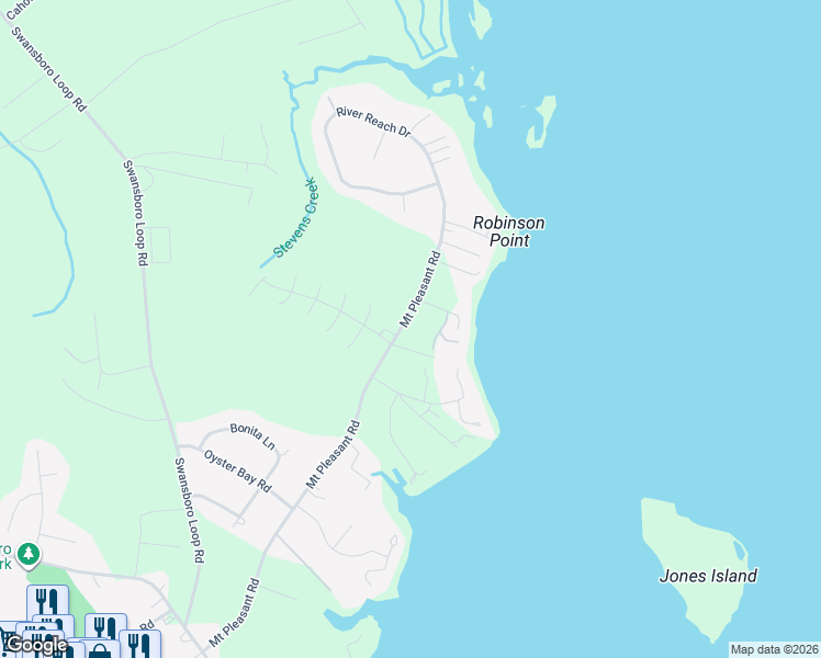 map of restaurants, bars, coffee shops, grocery stores, and more near 1266 Mount Pleasant Road in Swansboro