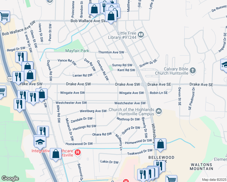 map of restaurants, bars, coffee shops, grocery stores, and more near 201 Wingate Avenue Southwest in Huntsville