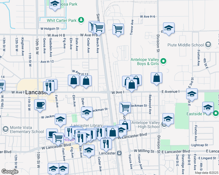 map of restaurants, bars, coffee shops, grocery stores, and more near 421 West Avenue I in Lancaster