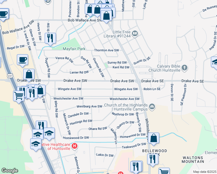 map of restaurants, bars, coffee shops, grocery stores, and more near 201 Wingate Avenue Southwest in Huntsville