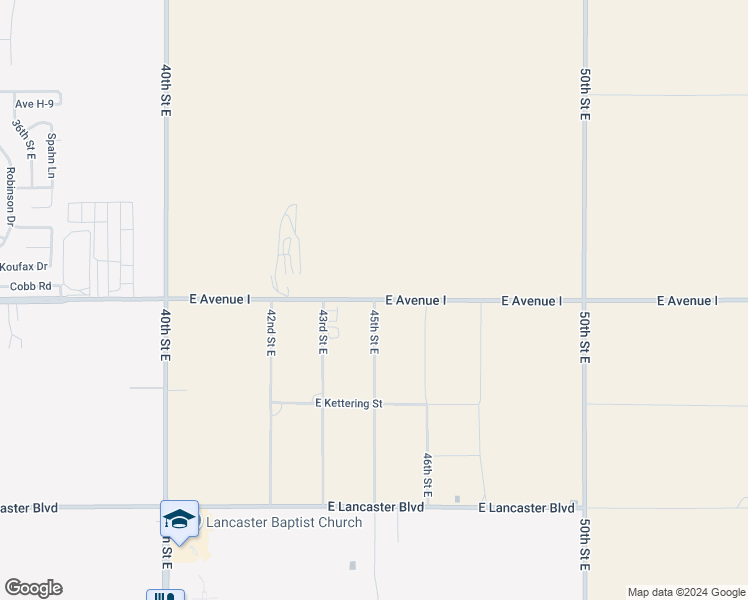 map of restaurants, bars, coffee shops, grocery stores, and more near 45th Street East in Lancaster