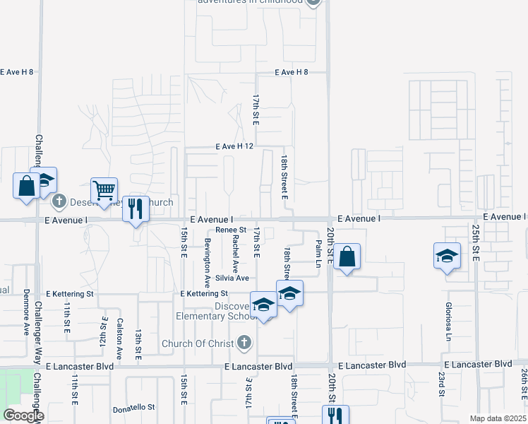 map of restaurants, bars, coffee shops, grocery stores, and more near 1717 East Avenue I in Lancaster