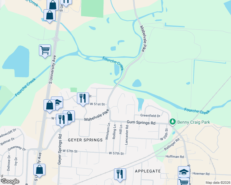 map of restaurants, bars, coffee shops, grocery stores, and more near 5003 Mabelvale Pike in Little Rock