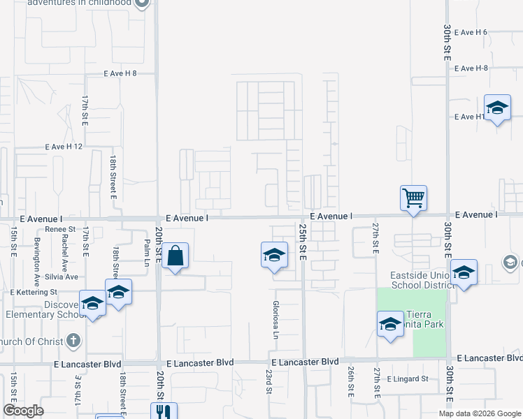 map of restaurants, bars, coffee shops, grocery stores, and more near 2258 El Rio Street in Lancaster