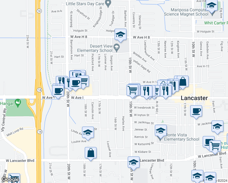 map of restaurants, bars, coffee shops, grocery stores, and more near 45214 Saigon Avenue in Lancaster