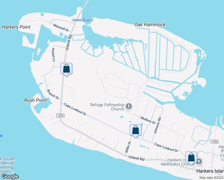 map of restaurants, bars, coffee shops, grocery stores, and more near 349 Skiff Court in Harkers Island