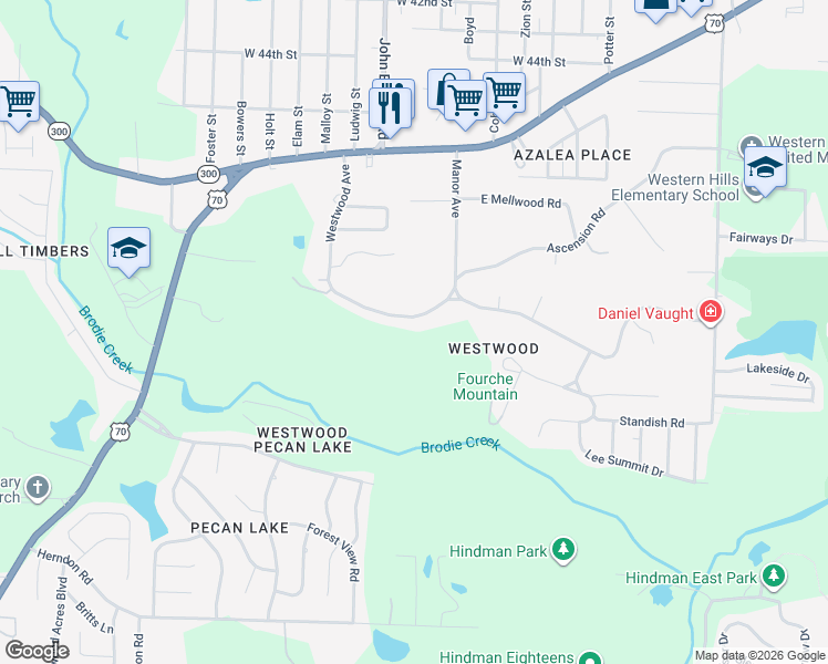 map of restaurants, bars, coffee shops, grocery stores, and more near 8609 Westwood Avenue in Little Rock
