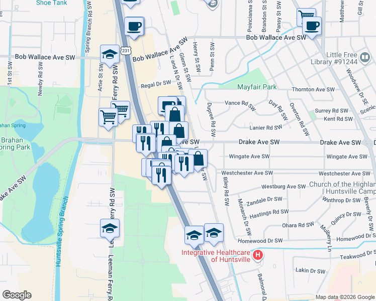 map of restaurants, bars, coffee shops, grocery stores, and more near 3005 L and North Drive Southwest in Huntsville