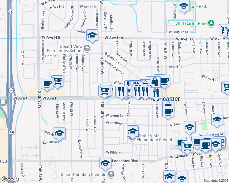 map of restaurants, bars, coffee shops, grocery stores, and more near 1408 Avenue H 15 in Lancaster