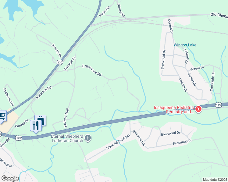 map of restaurants, bars, coffee shops, grocery stores, and more near 101 Tall Willow Drive in Seneca