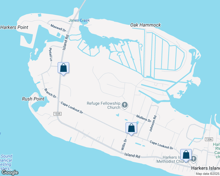 map of restaurants, bars, coffee shops, grocery stores, and more near 349 Skiff Court in Harkers Island