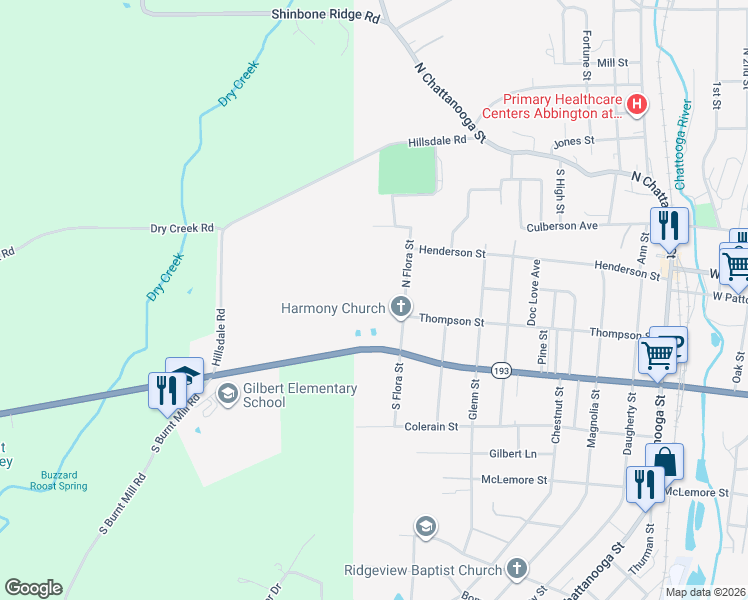 map of restaurants, bars, coffee shops, grocery stores, and more near 110 South Flora Street in LaFayette
