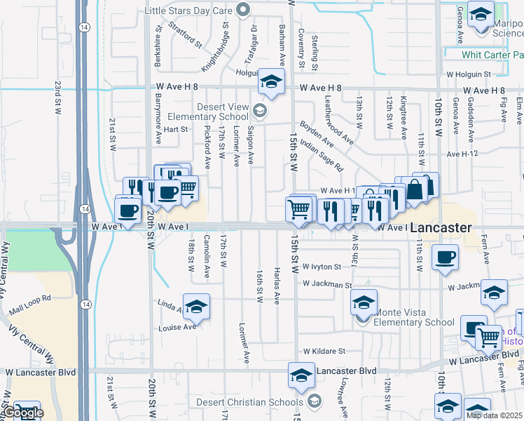 map of restaurants, bars, coffee shops, grocery stores, and more near 45219 Thornwood Avenue in Lancaster