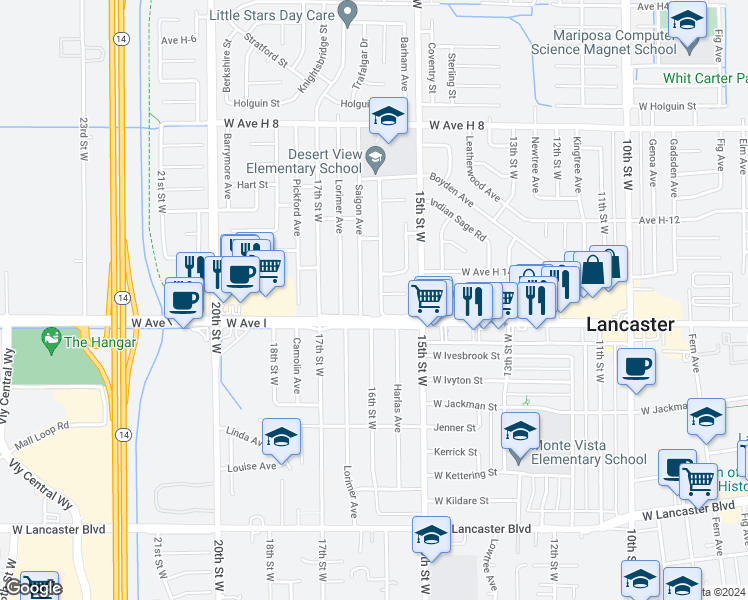 map of restaurants, bars, coffee shops, grocery stores, and more near 45219 Thornwood Avenue in Lancaster