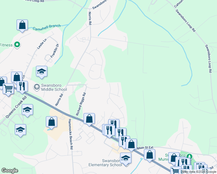 map of restaurants, bars, coffee shops, grocery stores, and more near 445 Patriot's Point Lane in Swansboro