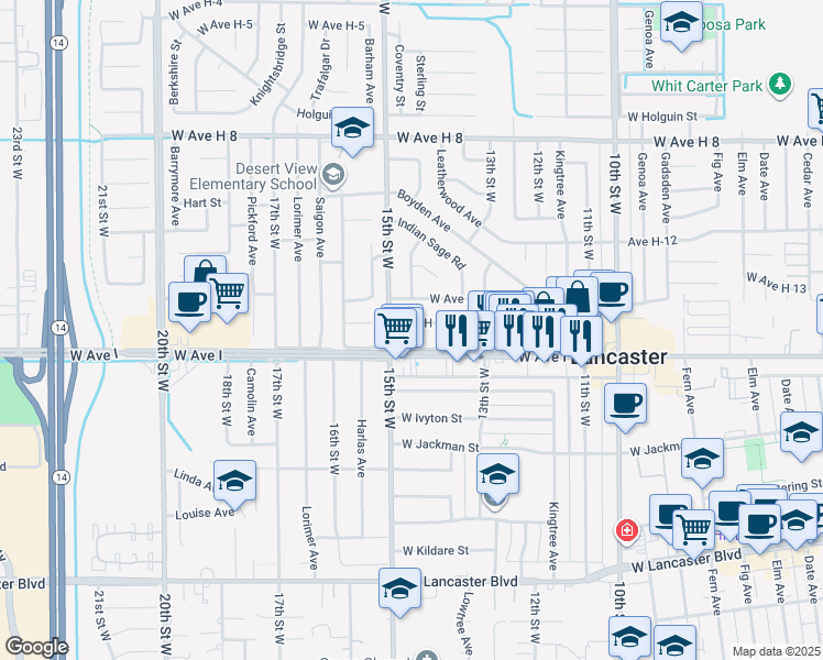 map of restaurants, bars, coffee shops, grocery stores, and more near 1432 Avenue H 15 in Lancaster