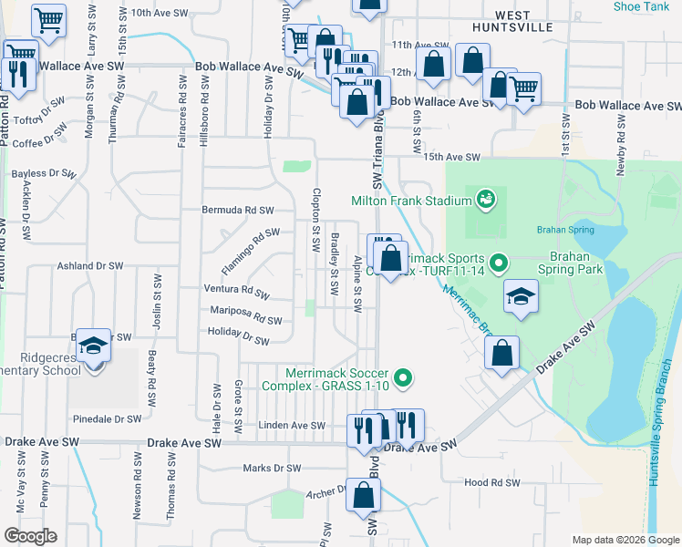 map of restaurants, bars, coffee shops, grocery stores, and more near 3218 Bradley Street Southwest in Huntsville