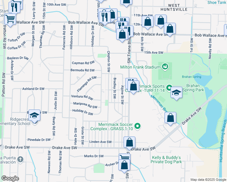 map of restaurants, bars, coffee shops, grocery stores, and more near 3300 Bradley Street Southwest in Huntsville