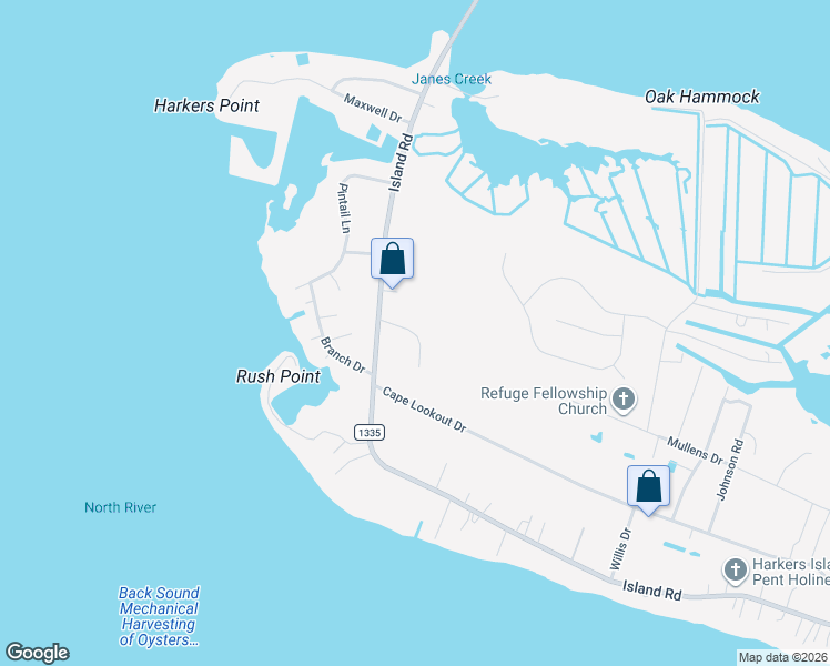 map of restaurants, bars, coffee shops, grocery stores, and more near 373 Beacon Street in Harkers Island