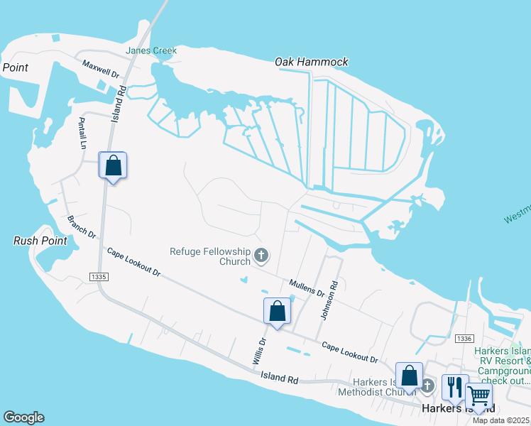 map of restaurants, bars, coffee shops, grocery stores, and more near 213 Tall Pines Way in Harkers Island