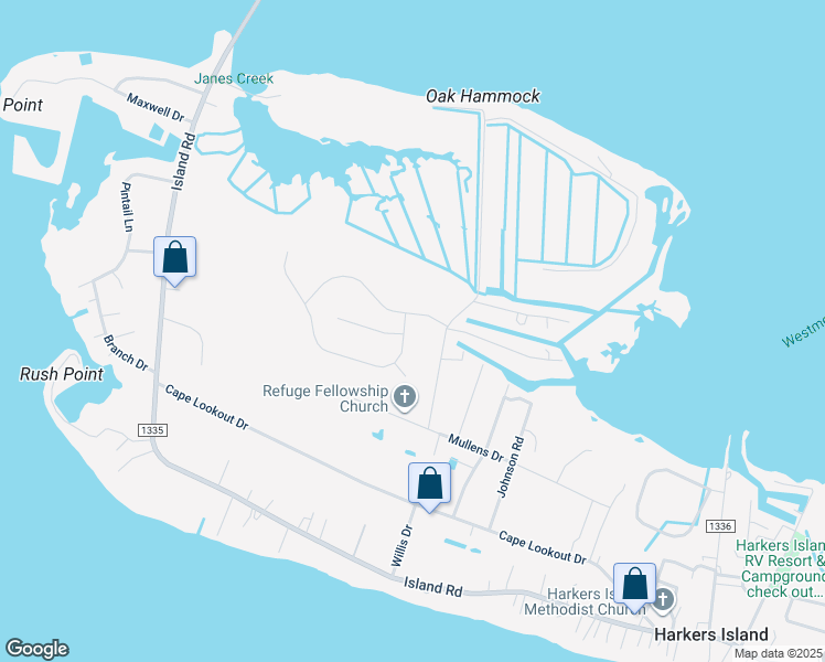 map of restaurants, bars, coffee shops, grocery stores, and more near 213 Tall Pines Way in Harkers Island