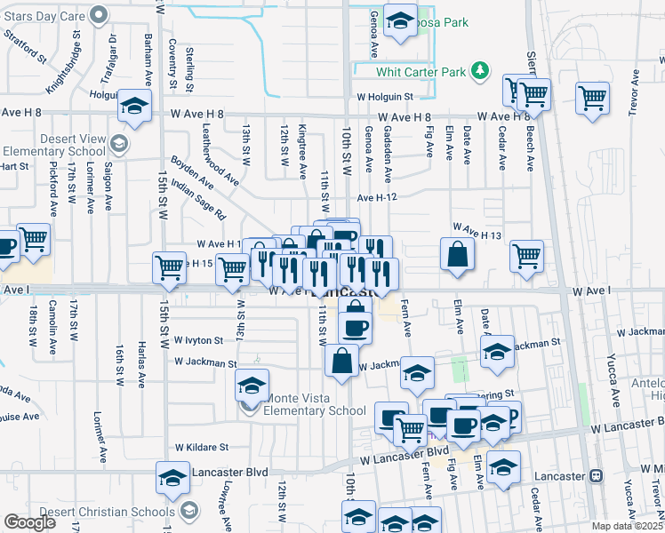 map of restaurants, bars, coffee shops, grocery stores, and more near 1020 West Avenue H14 in Lancaster