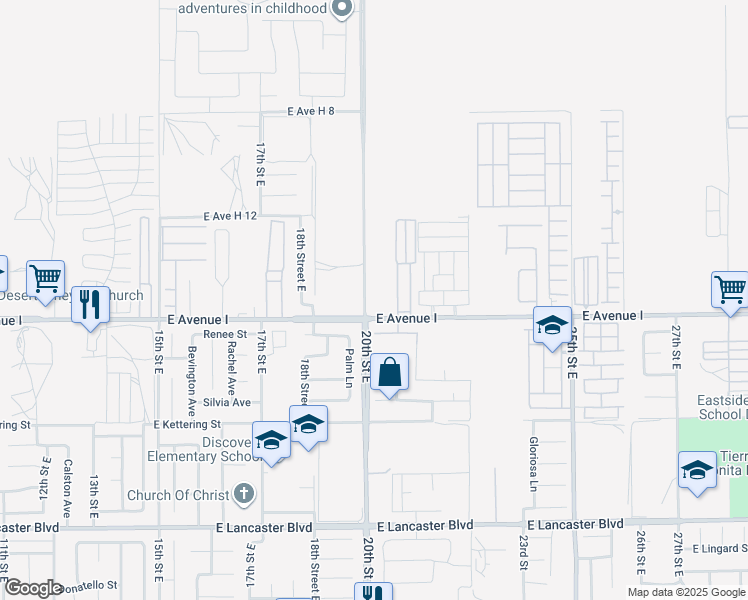 map of restaurants, bars, coffee shops, grocery stores, and more near 20th Street East in Lancaster
