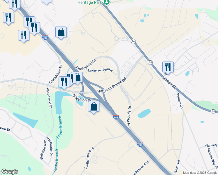 map of restaurants, bars, coffee shops, grocery stores, and more near 108 Harrison Bridge Road in Simpsonville