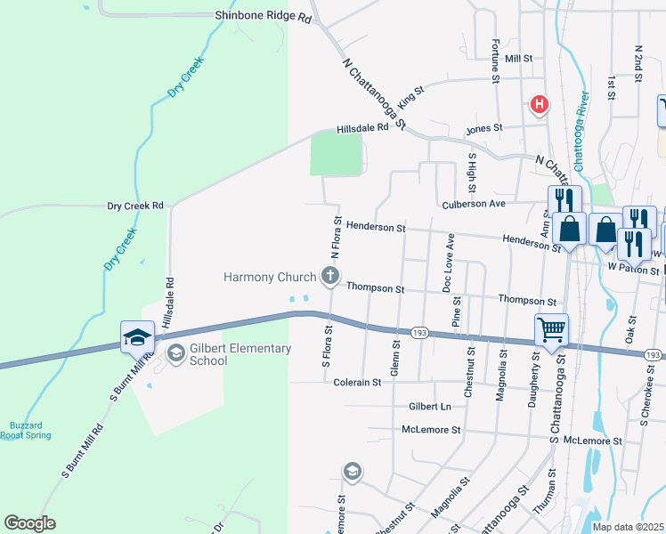 map of restaurants, bars, coffee shops, grocery stores, and more near 106 North Flora Street in LaFayette