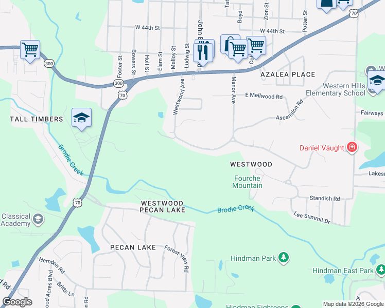 map of restaurants, bars, coffee shops, grocery stores, and more near 8813 Westwood Avenue in Little Rock