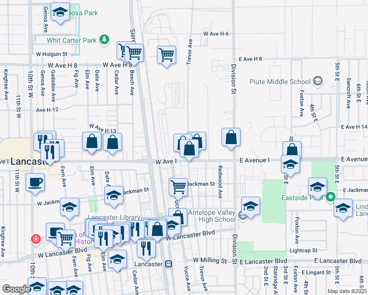 map of restaurants, bars, coffee shops, grocery stores, and more near 45231 Trevor Avenue in Lancaster
